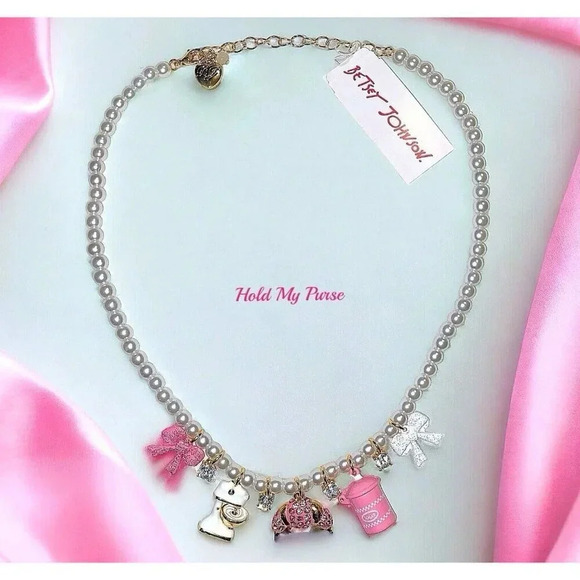 Betsey Johnson Baby Cakes Faux Pearl Rhinestone Baking Charm Necklace NIB - Picture 3 of 6